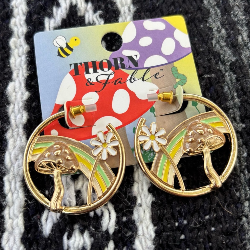 NWT THORN & FABLE RAINBOW MUSHROOM HOOP EARRINGS FESTIVAL COTTAGE CORE